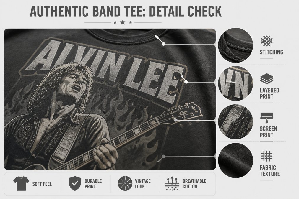 Close-up detail shot of high-quality screen-printed band graphic showing crisp stitching, layered print colors, and fabric texture on a vintage-style t-shirt under natural lighting