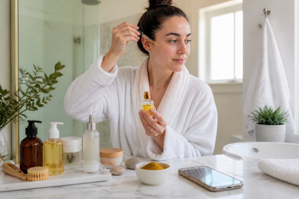 A young woman with sensitive skin applying a turmeric serum in a bright bathroom, with clean beauty products arranged on a marble counter and a smartphone showing a fast shipping confirmation nearby