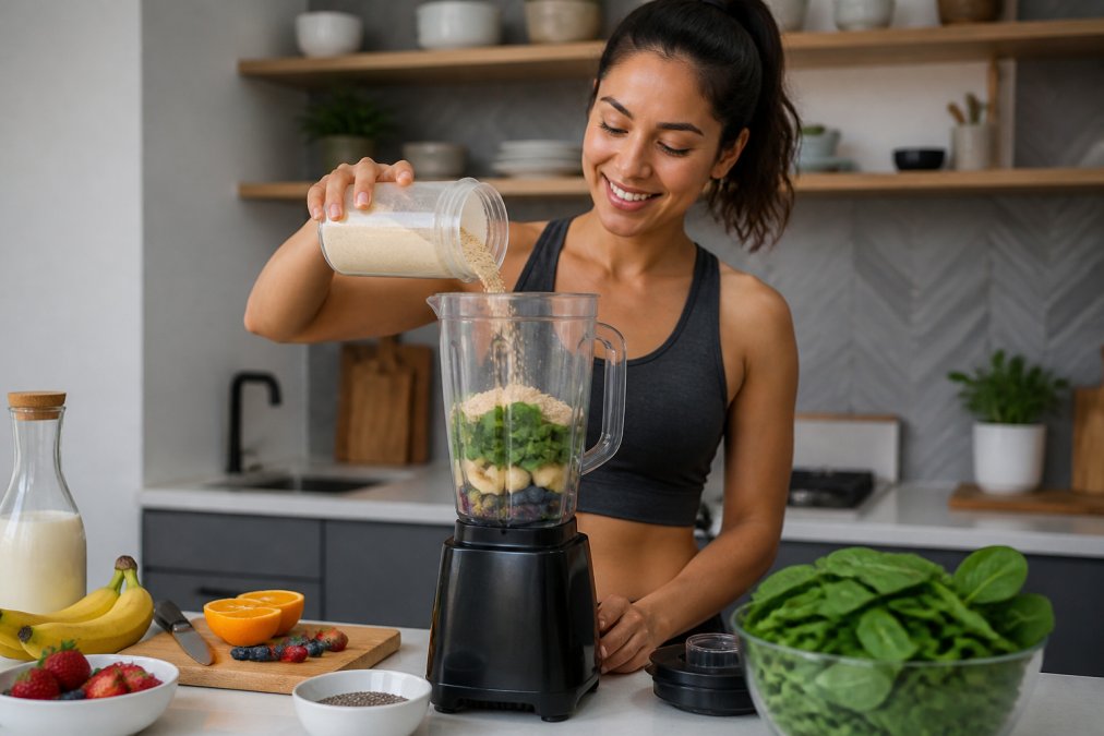 Person preparing a chocho protein smoothie in a bright, modern kitchen, pouring powder from a container into a blender with fresh fruit, spinach, and plant-based milk visible on the counter