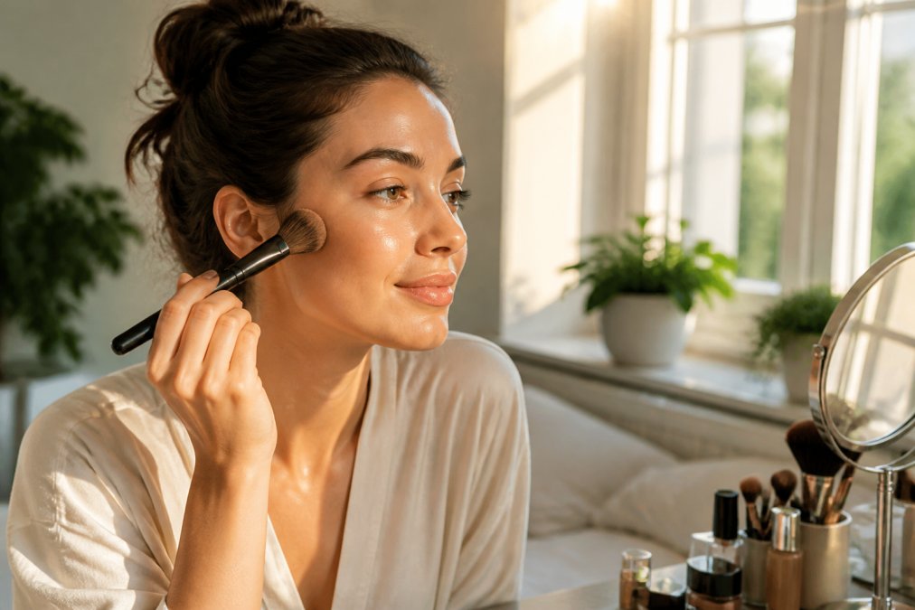 Infographic flow showing the application process of clean makeup sets for a glowing, healthy skin complexion.