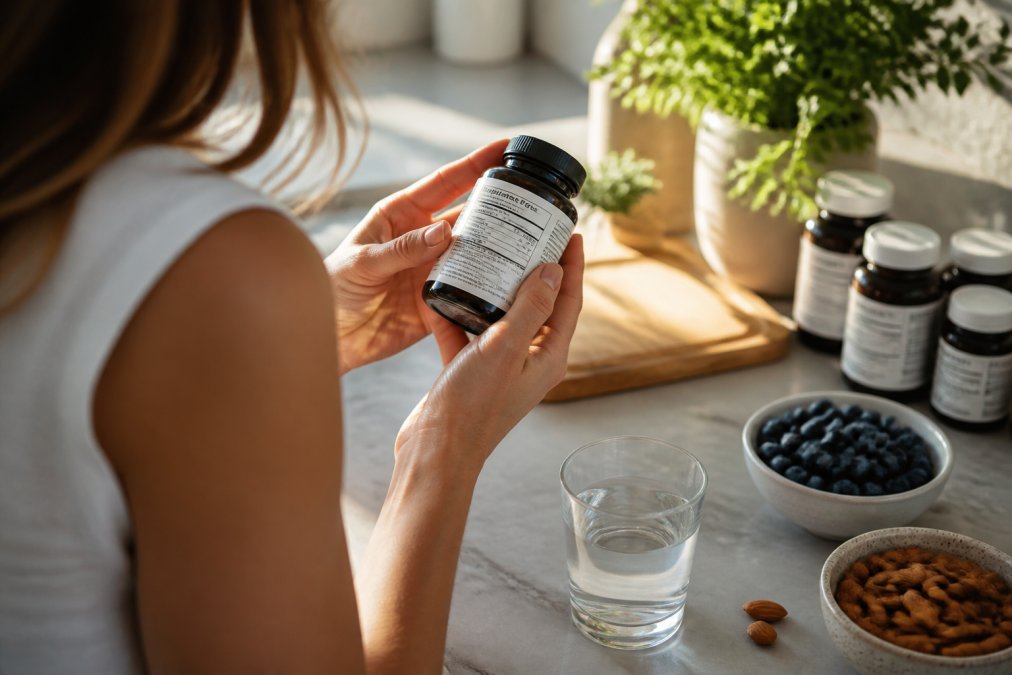 Close-up of a person's hands holding a vitamin bottle and reading the ingredient label carefully in natural morning light on a kitchen counter