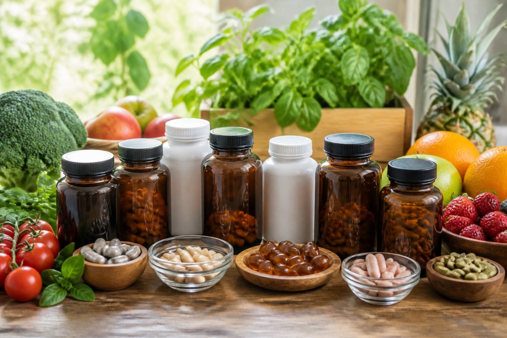 Assortment of organic vitamin bottles and supplements arranged on a wooden surface with fresh produce, herbs, and greenery in soft natural lighting
