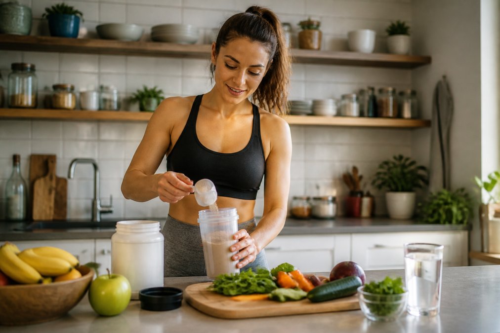 Athletic plant-based person mixing a recovery protein shake in a bright kitchen, with fresh vegetables and supplements visible on the counter