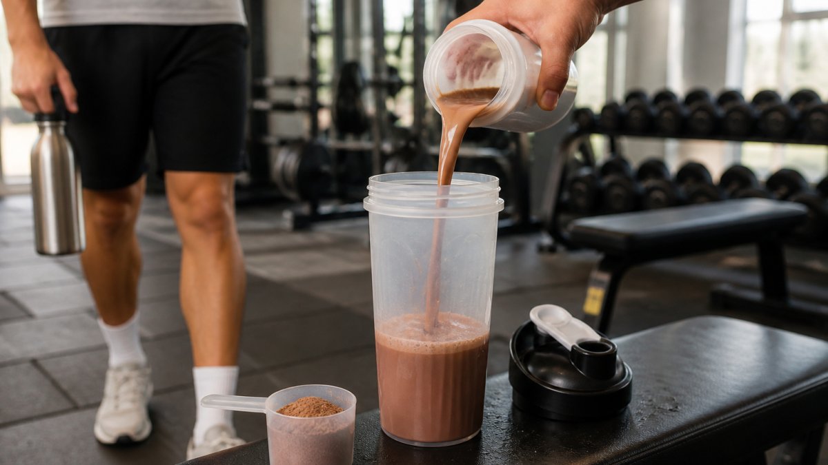 Close-up of a shaker bottle on a gym bench with chocolate protein shake being poured, powder scoop and water droplets visible