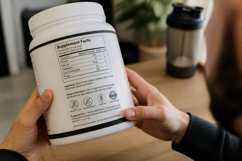 Close-up of hands holding a whey protein isolate container with label clearly visible, showing ingredient list and third-party testing seal under natural lighting