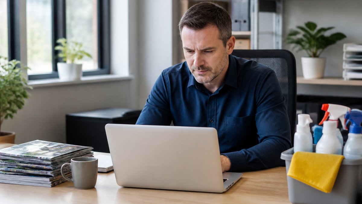 Facilities manager reviewing a supplier invoice on a laptop at a desk with cleaning supply catalogues