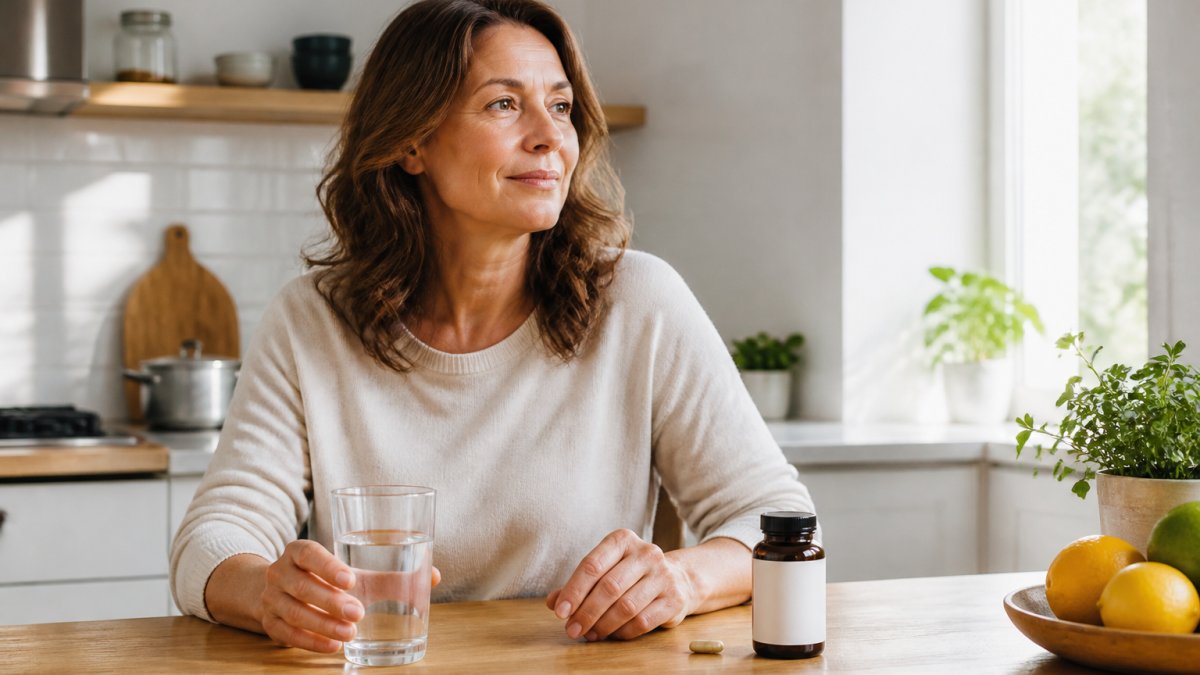 Woman at a kitchen table with a glass of water and a daily supplement capsule