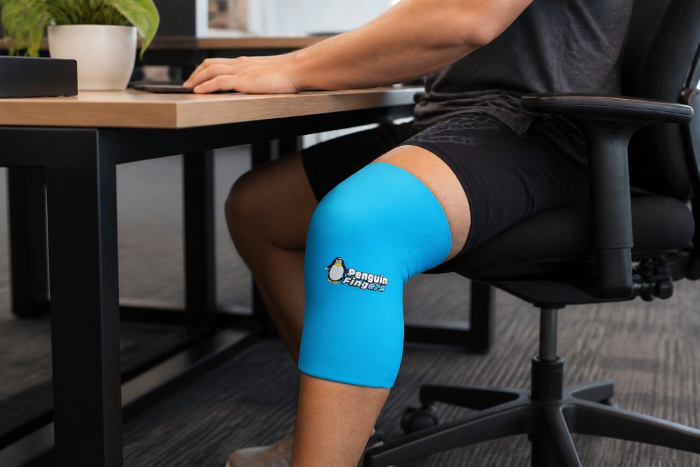 Person seated at a desk wearing a knee compression sleeve while working, demonstrating proper fit and comfort during typical daily activity, with natural office lighting showing the sleeve's blue gel pack detail