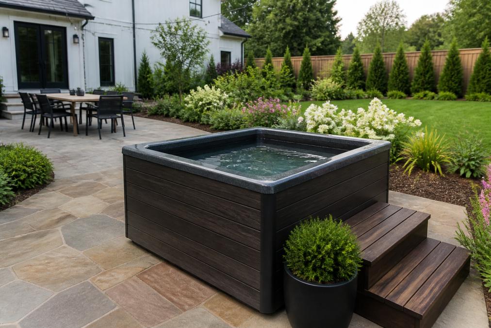 Residential backyard showing a permanent cold plunge tub installation on a patio with surrounding landscaping, deck furniture visible, natural daylight, residential home in background