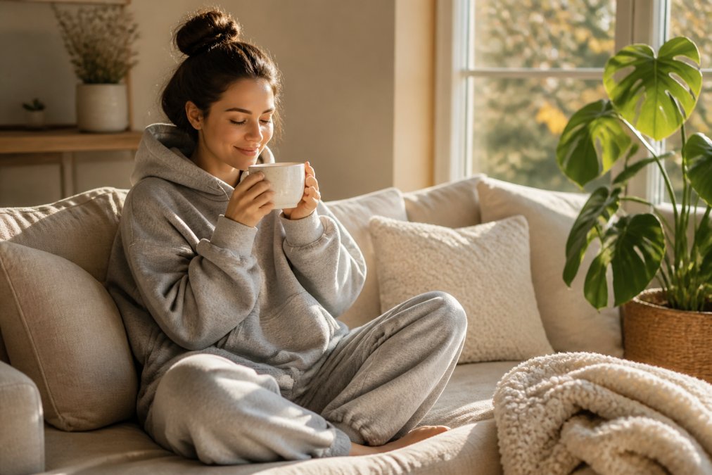 Person wearing an oversized cotton hoodie and relaxed-fit sweatpants, sitting casually on a couch with a warm beverage, natural afternoon lighting from a window