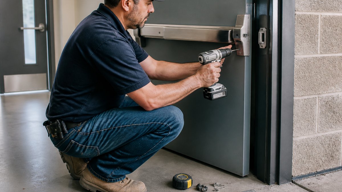 Contractor using a cordless drill to install a stainless steel panic bar on a metal commercial door frame
