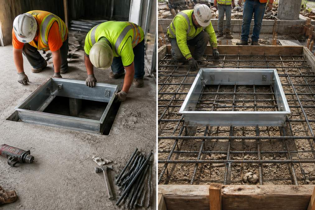 Construction workers installing an aluminum floor door frame into a concrete opening at a commercial job site