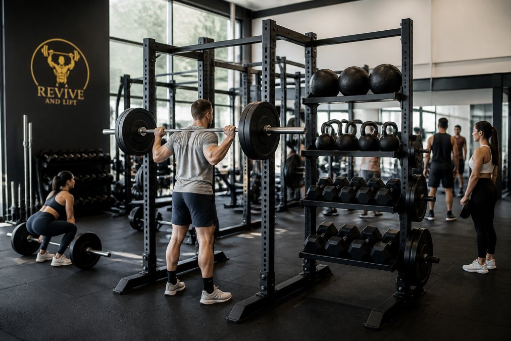 Athletes loading barbells into a TKO half rack with integrated storage shelves holding kettlebells and dumbbells during a busy group training session in a bright commercial gym