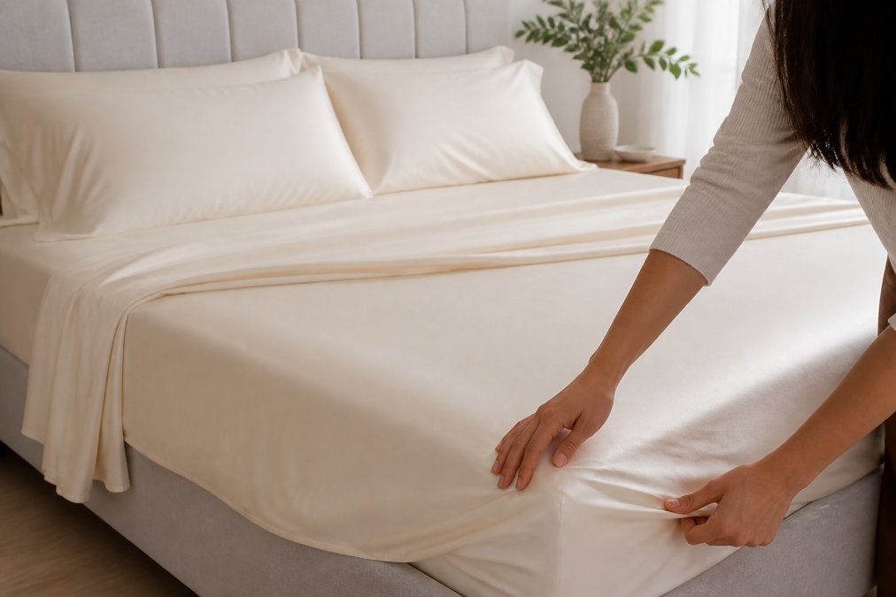 A neatly made bed with ivory bamboo viscose sheets in a bright, airy bedroom, showing the sateen weave sheen and a person smoothing the fitted sheet corner