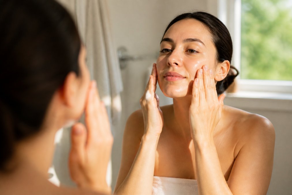 Person's hands applying lightweight serum to clean facial skin in morning light, showing gentle upward pressing motion and product absorption