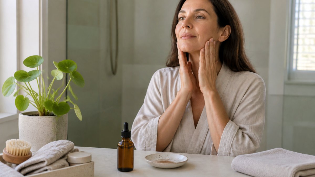 Woman in her forties applying golden vegan face oil to her jawline with upward strokes at a bathroom vanity.