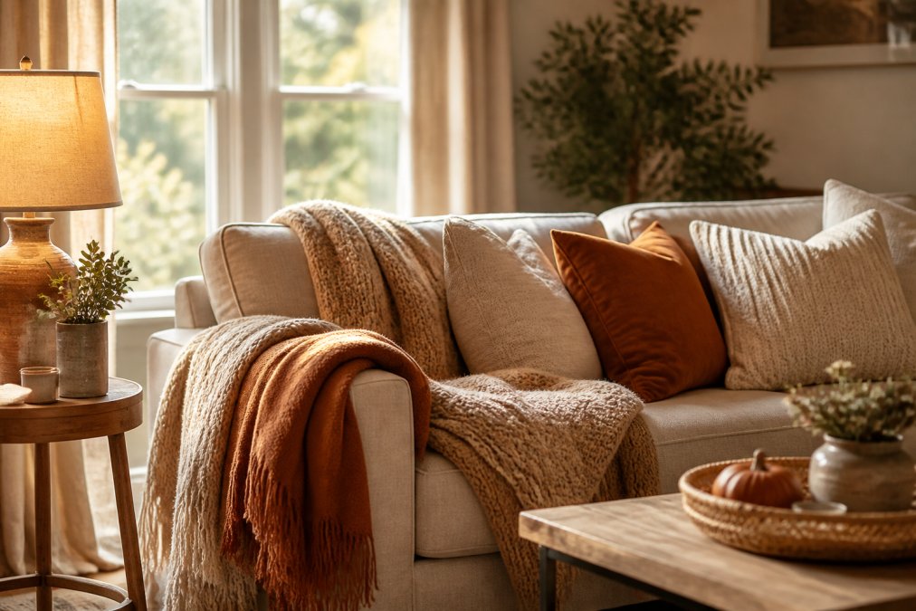 Step-by-step infographic illustrating the process for styling a cozy living room with layered textiles and warm lighting.