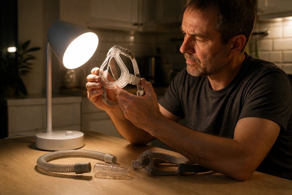 Step-by-step process for inspecting CPAP replacement parts for signs of wear under bright light