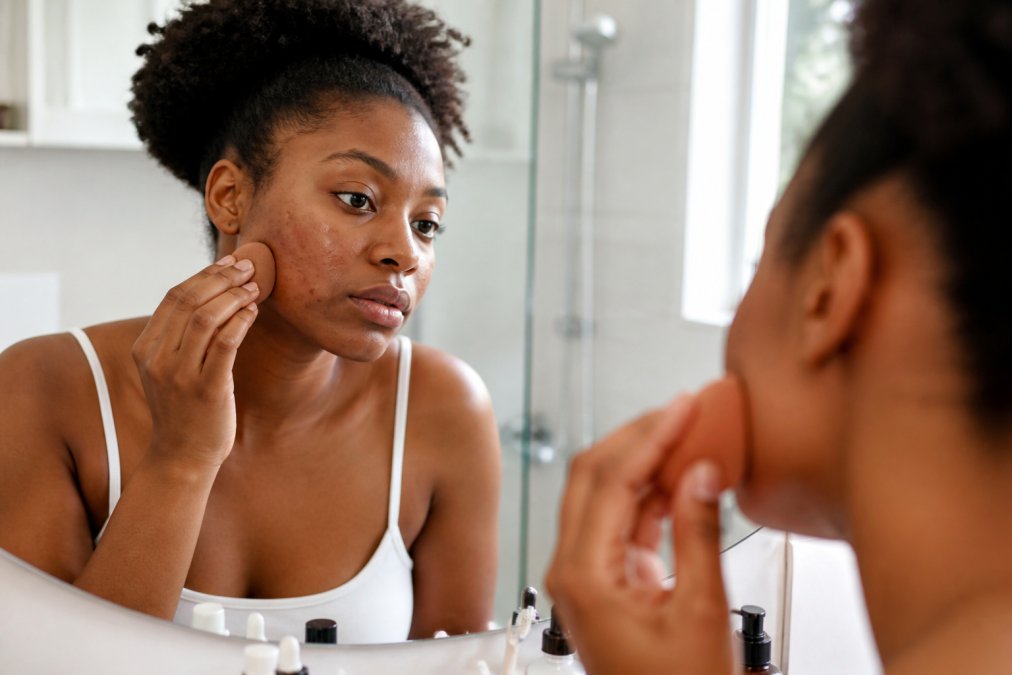 Black woman with sensitive skin applying cruelty-free foundation with a sponge in a bright bathroom mirror