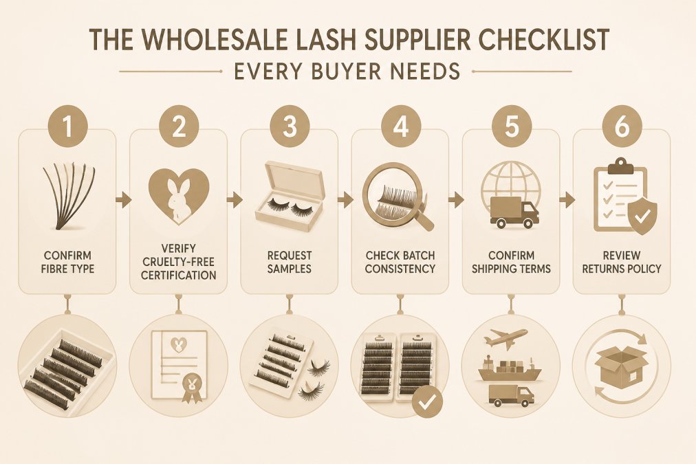 Flowchart of a six-step supplier vetting process: confirm fibre type, verify cruelty-free certification, request samples, check batch consistency, confirm shipping terms, review returns policy