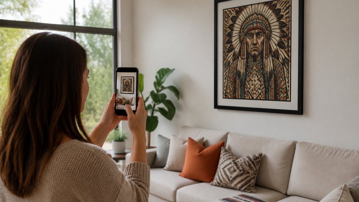 Homeowner using an AR app on a smartphone to preview how to buy culturally inspired fine art for their wall.