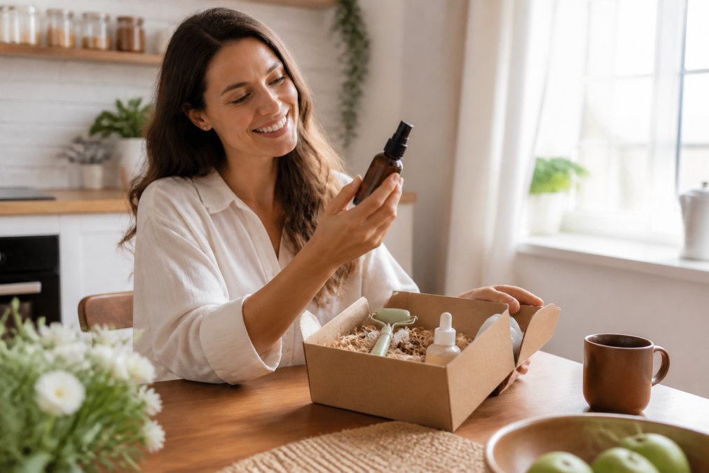 A woman in her thirties sitting at a sunlit kitchen table, opening a small gift box containing skincare bottles and a jade roller, smiling as she lifts one item out