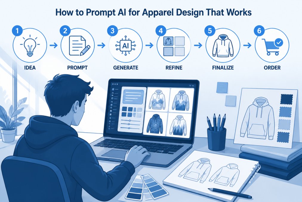 Creator at a desk with a laptop displaying an AI design tool interface, with sketches and color swatches nearby, showing the design brainstorming process in natural afternoon lighting