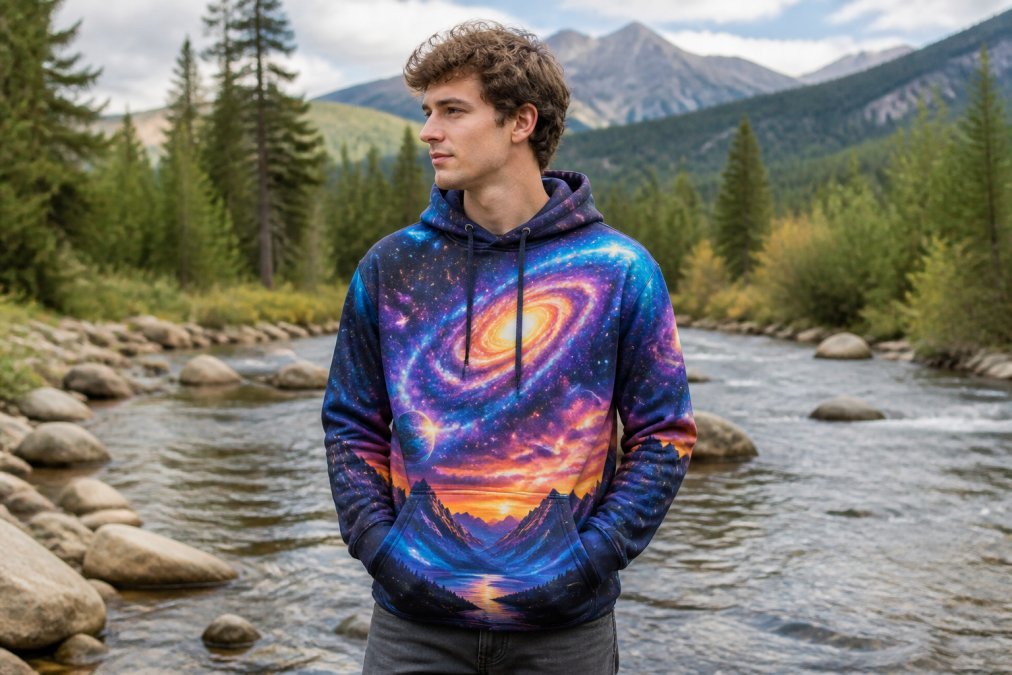 Person wearing a custom AI-generated hoodie in a lifestyle setting, showing the finished product quality and vibrant colors how it looks when worn in natural daylight