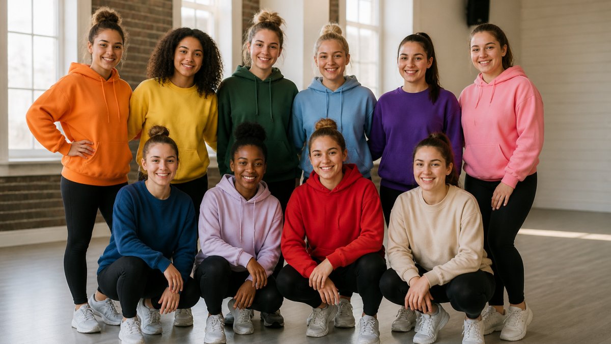 Group of dancers wearing matching custom DanceBlue hoodies and crew necks in bright colors, posing together in a studio space with natural window lighting, showing team unity and spirit wear in action