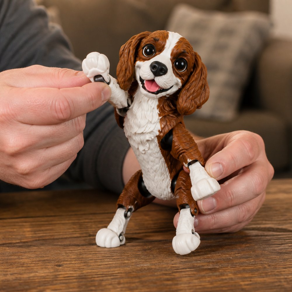Person's hands holding and flexing an articulated 3D-printed figure, demonstrating smooth joint movement, poseable limbs bending and rotating, with natural desk lighting showing the figure's details and articulation points