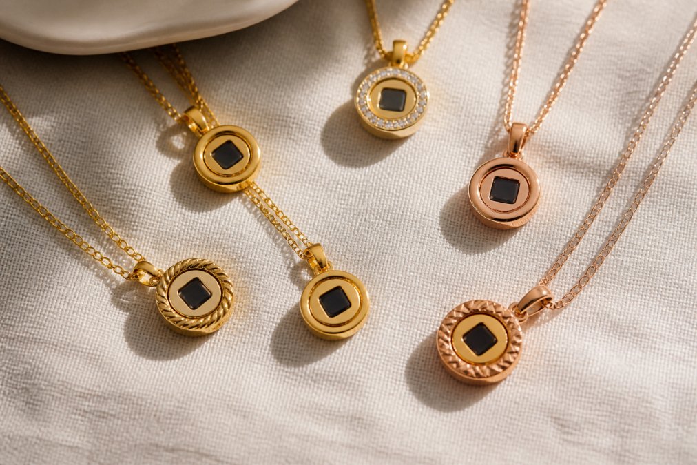 Close-up of several gold and rose gold scripture pendant necklaces arranged on a soft white linen surface, with the small black nano Bible chip visible at the center of each pendant, photographed in warm natural window light
