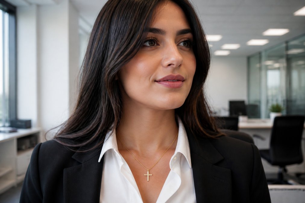 A woman in professional business attire wearing a delicate gold cross pendant necklace, photographed from the collarbone up in a bright modern office setting with soft overhead lighting, the pendant resting just below the collar of a crisp white shirt