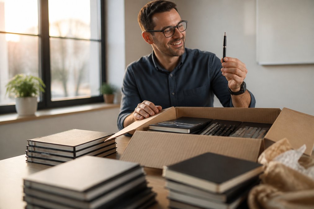 A professional unboxing a shipment of branded notebooks and pens in a modern office, holding up a pen with a logo clearly visible, warm natural window lighting