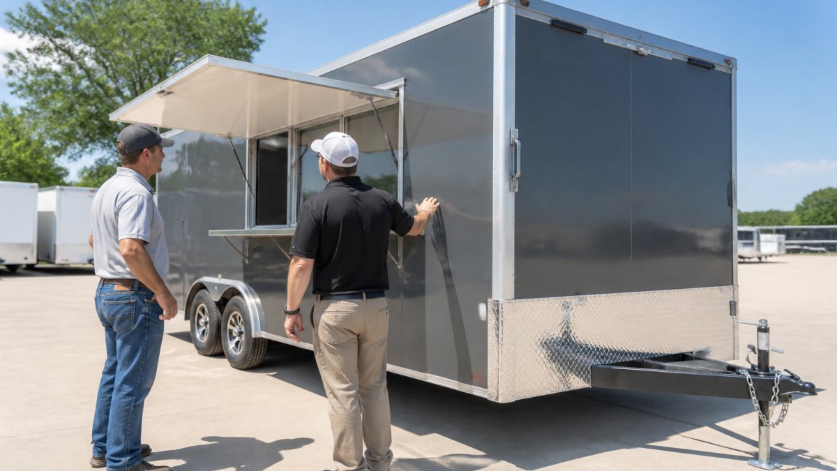 A customer and a trailer dealer standing beside a finished concession trailer on a sunny lot, examining the serving window and exterior finish