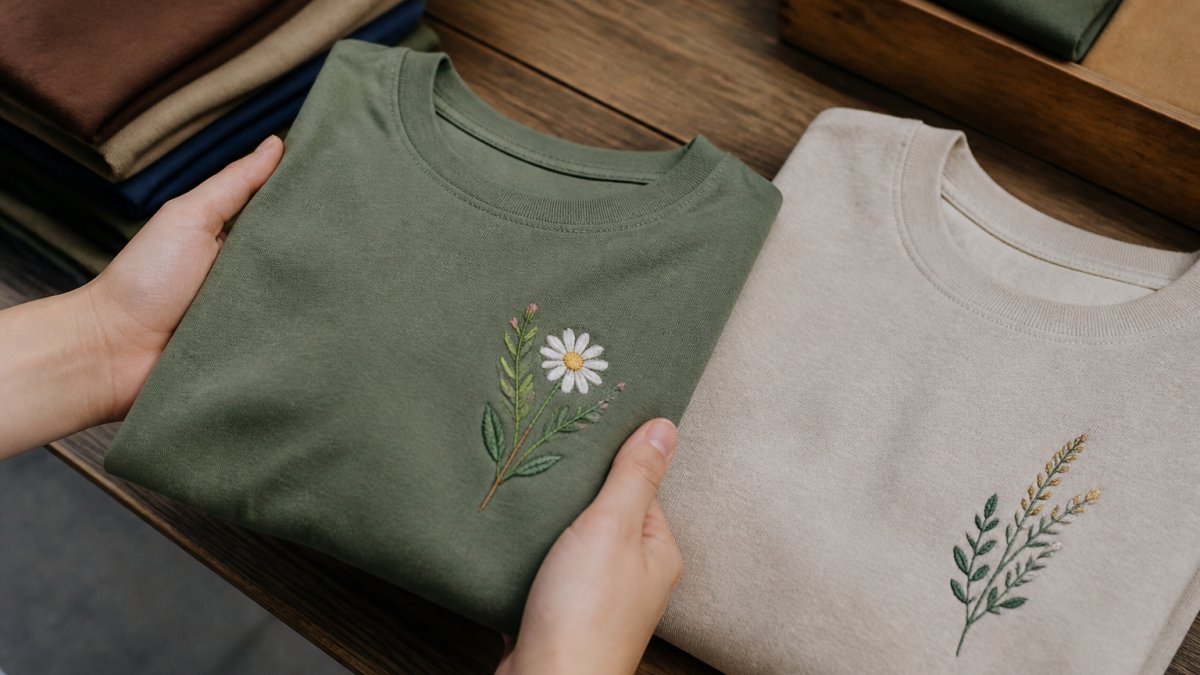 Close-up of a person's hands holding a folded custom embroidered tee next to a crewneck sweatshirt on a wooden table, showing visible thread texture and stitching detail