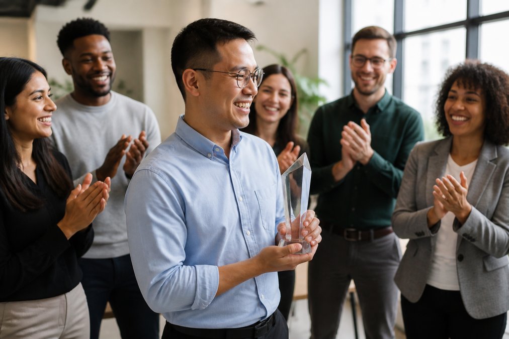 Diverse team of employees gathered in a modern office celebrating together, with one person holding a crystal trophy while colleagues applaud and smile in the background, natural office lighting