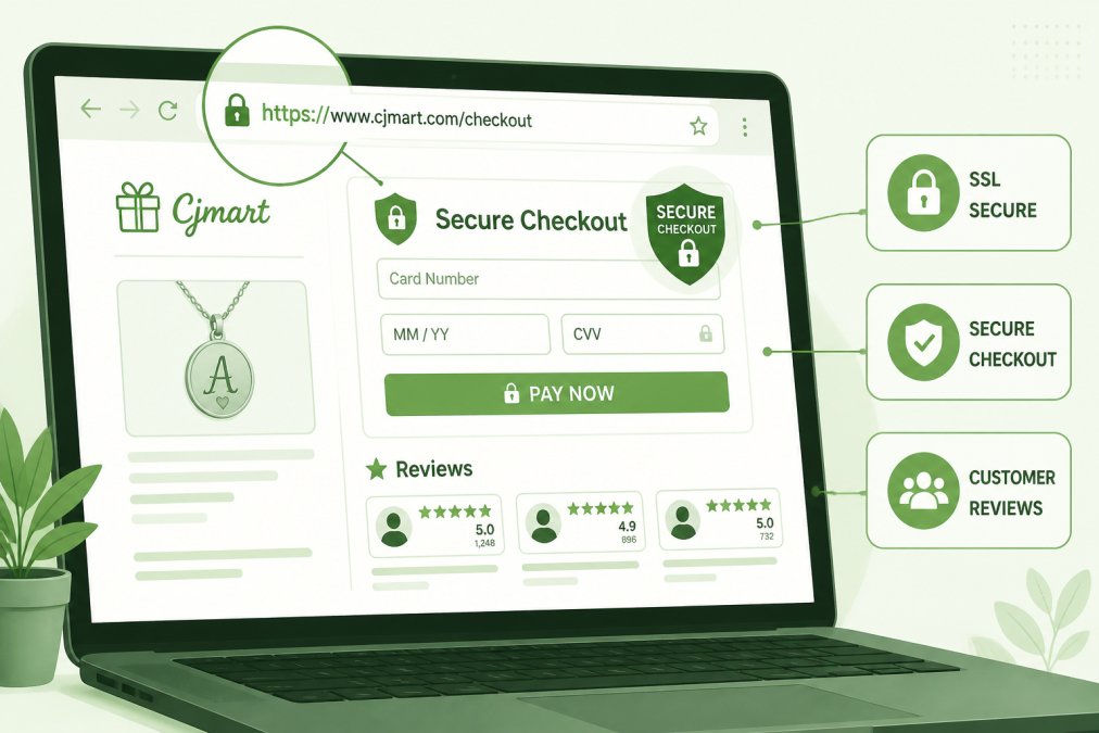 Close-up of a laptop screen showing a secure checkout page with SSL certificate padlock icon visible in the address bar, customer reviews displayed below the payment form, and "Secure Checkout" badge highlighted