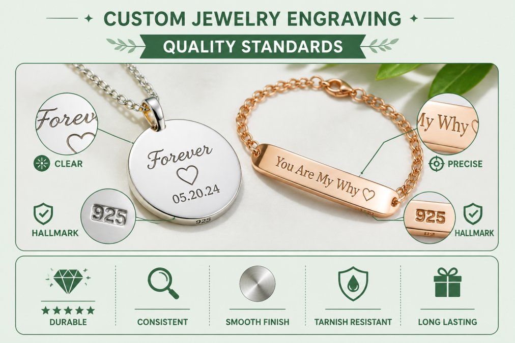Detailed close-up of an engraved sterling silver necklace and rose gold bracelet showing crisp, clean engraving work with visible hallmark stamps and metal finish, photographed under natural daylight