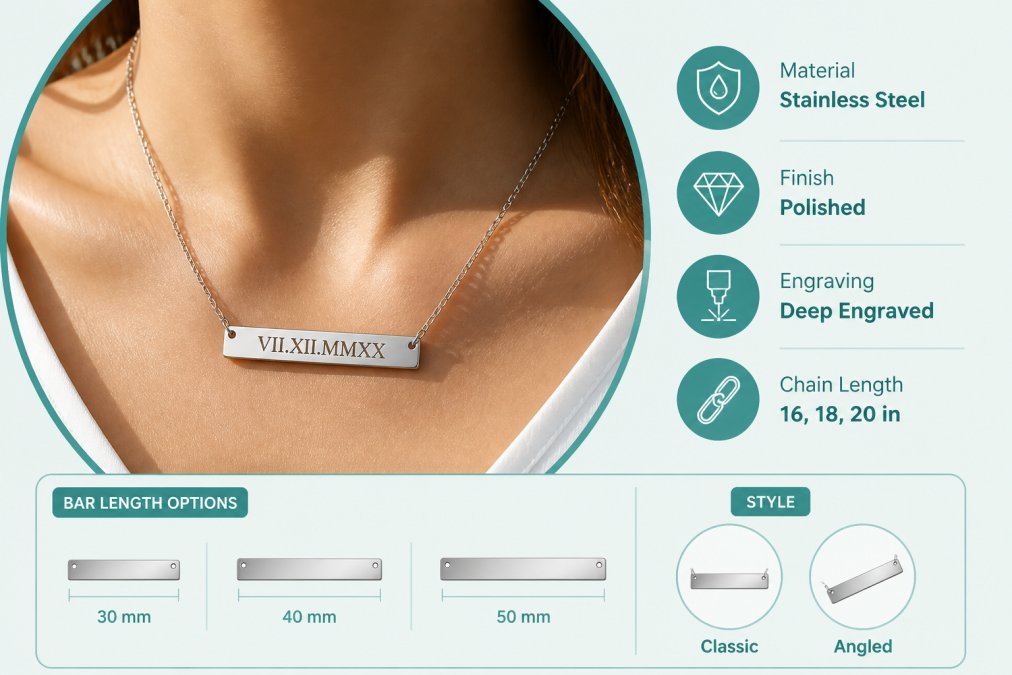 Close-up of a stainless steel bar necklace with elegant engraved text resting against a person's collarbone, catching natural sunlight with clear engraved lettering visible