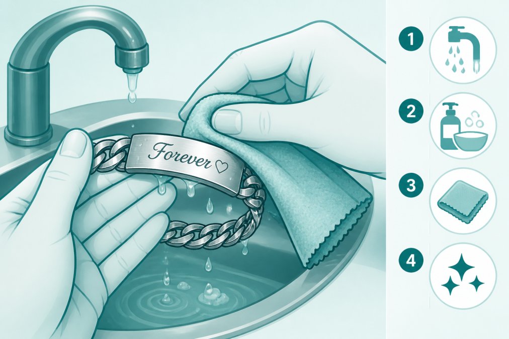Hands gently polishing an engraved stainless steel bracelet with a soft microfiber cloth over a sink, showing the cleaning motion with water droplets visible