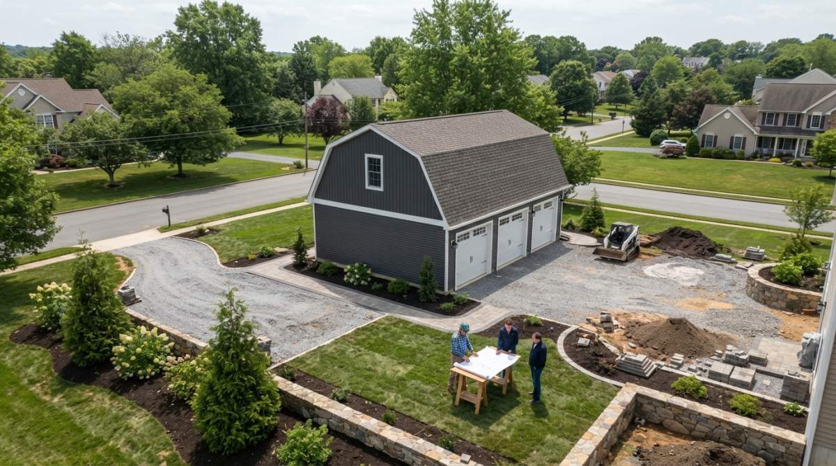 Aerial view of a completed two-car custom garage with dark metal roofing on a suburban residential property with mature landscaping and a paved driveway