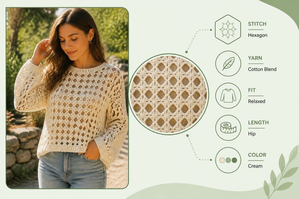 Woman wearing a handmade crochet pullover sweater in cream-colored yarn with an open hexagon stitch pattern, photographed outdoors in natural sunlight showing the texture and drape of the garment against her body