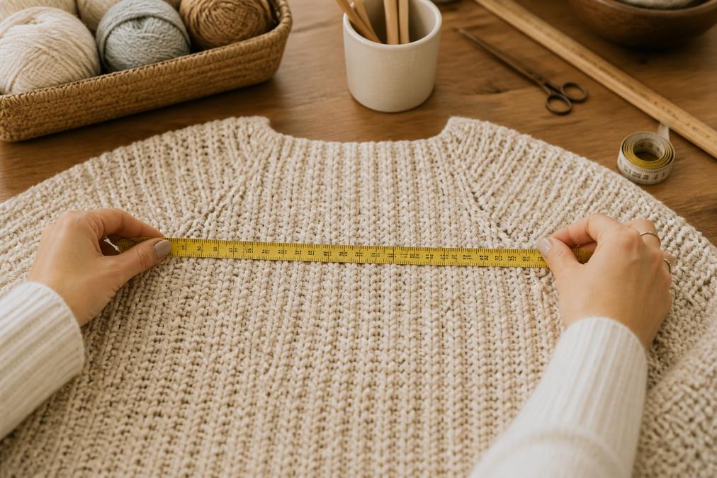 Close-up of hands holding a soft yellow measuring tape against a cozy cream-colored knit fabric, demonstrating proper measurement technique with the tape lying flat and parallel to the ground