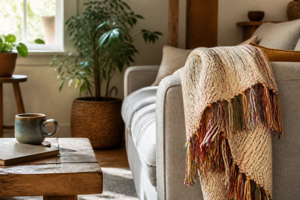 A cozy living room scene with a folded woven cotton blanket with colorful fringe draped over a linen sofa arm, warm afternoon light through a window, a mug and a book nearby, styled but lived-in