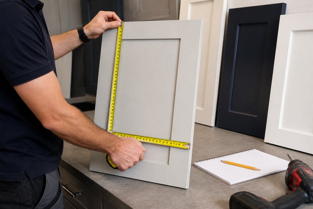 Person measuring the height and width of a cabinet door for custom kitchen doors using a tape and notepad