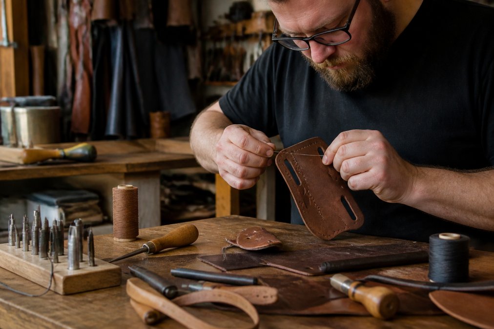 Craftsperson hand-stitching custom leather holsters at a wooden workbench with tools and thread nearby.