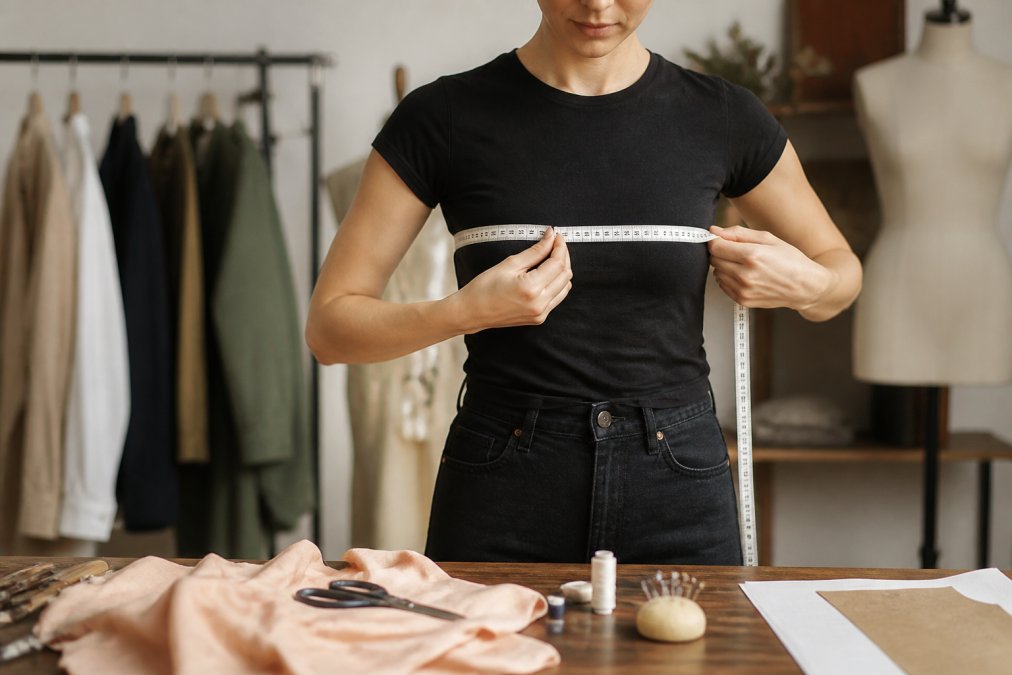 Person carefully wrapping a soft measuring tape around their torso, demonstrating proper measurement technique with clear tape placement and neutral standing posture