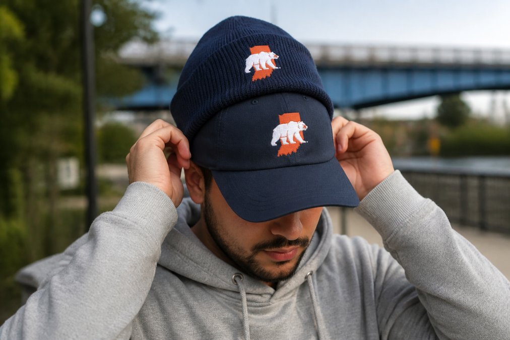 Person wearing Indiana Bears classic dad cap and knit beanie together, styled casually in outdoor setting with natural lighting