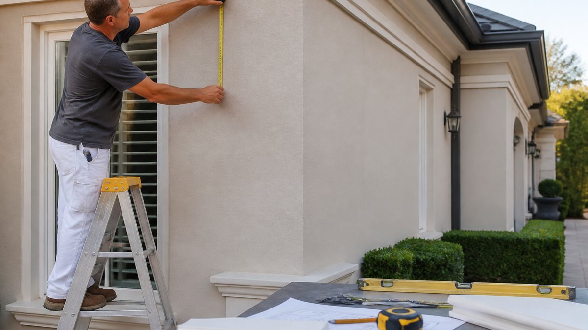 Homeowner on a ladder using a tape measure to mark a wall for exterior moulding installation