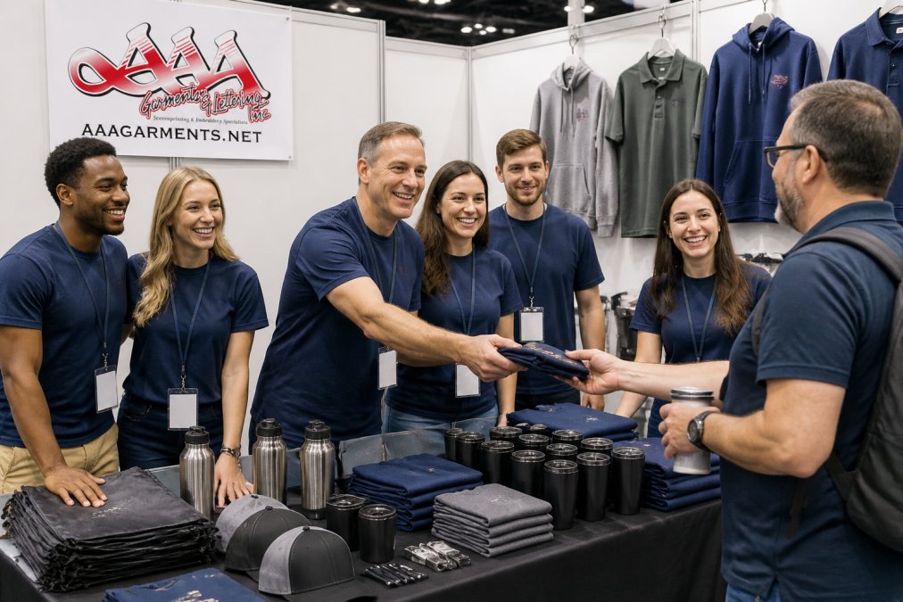 Diverse team wearing matching custom screen-printed company t-shirts at a trade show booth, displaying branded merchandise and promotional items on tables, natural lighting